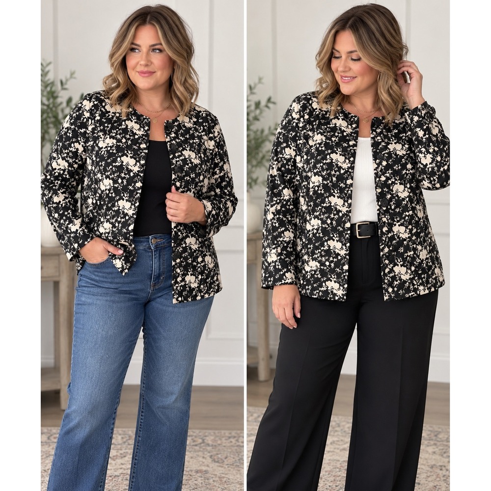 Coldwater Creek Floral Button Front Jacket Size 16 Black Ivory Lined